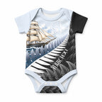 Personalised New Zealand Pakeha Baby Onesie Kiwi Silver Fern and Sailing Ship Compass