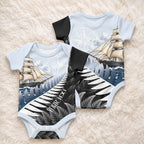 Personalised New Zealand Pakeha Baby Onesie Kiwi Silver Fern and Sailing Ship Compass