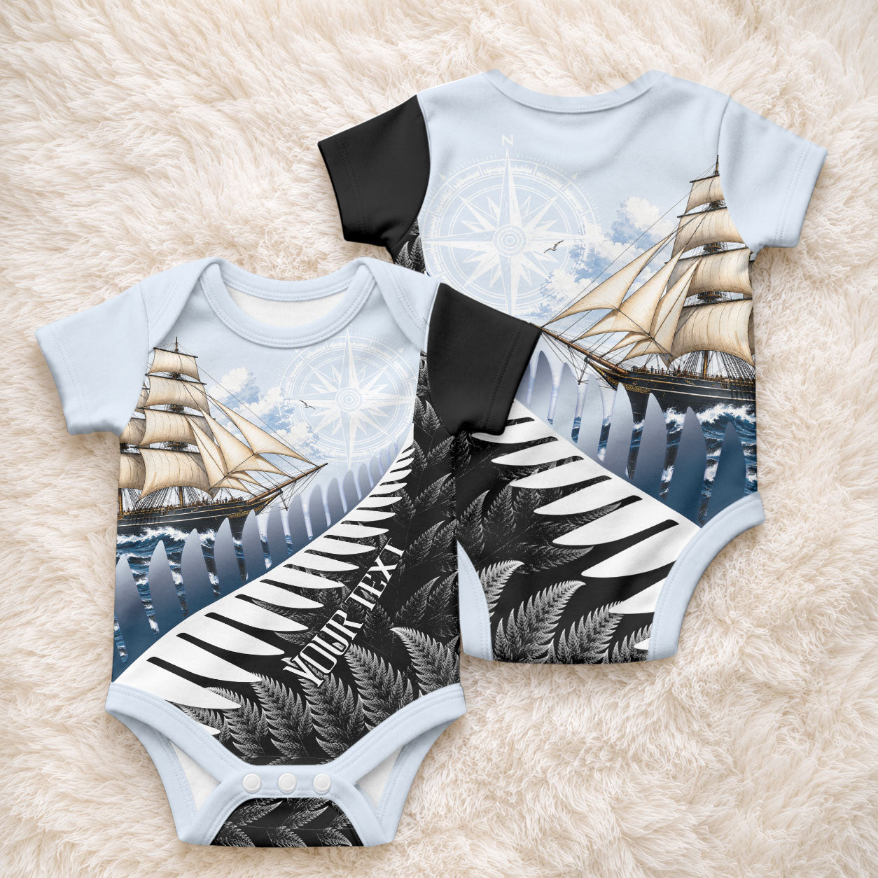 Personalised New Zealand Pakeha Baby Onesie Kiwi Silver Fern and Sailing Ship Compass