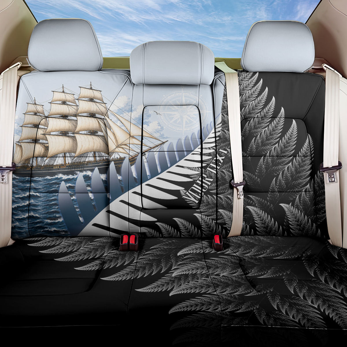 Personalised New Zealand Pakeha Back Car Seat Cover Kiwi Silver Fern and Sailing Ship Compass