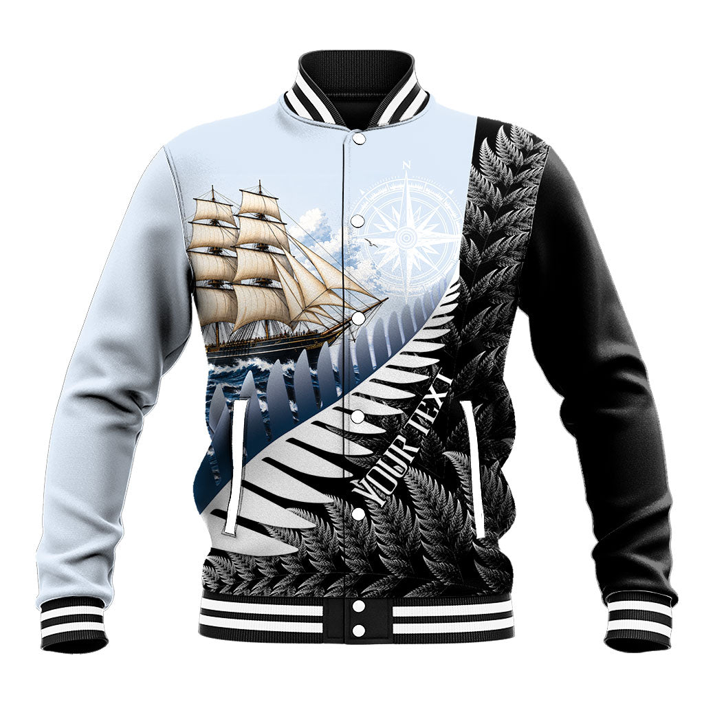 Personalised New Zealand Pakeha Baseball Jacket Kiwi Silver Fern and Sailing Ship Compass
