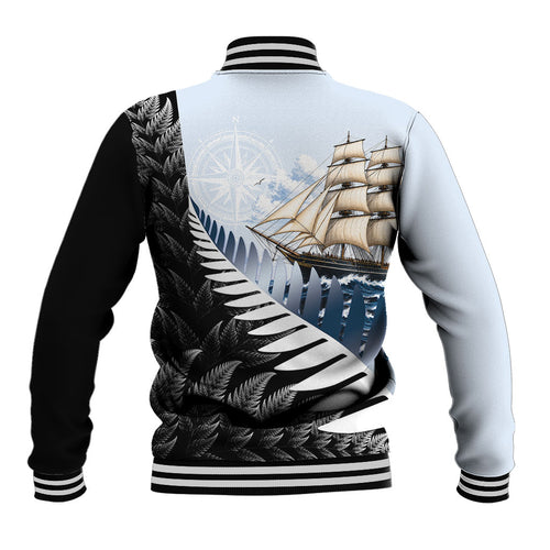 Personalised New Zealand Pakeha Baseball Jacket Kiwi Silver Fern and Sailing Ship Compass