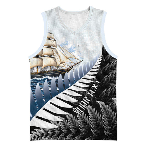 Personalised New Zealand Pakeha Basketball Jersey Kiwi Silver Fern and Sailing Ship Compass