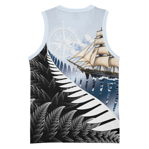 Personalised New Zealand Pakeha Basketball Jersey Kiwi Silver Fern and Sailing Ship Compass