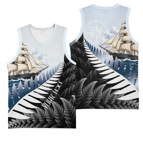 Personalised New Zealand Pakeha Basketball Jersey Kiwi Silver Fern and Sailing Ship Compass