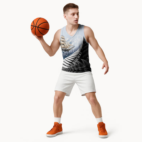 Personalised New Zealand Pakeha Basketball Jersey Kiwi Silver Fern and Sailing Ship Compass