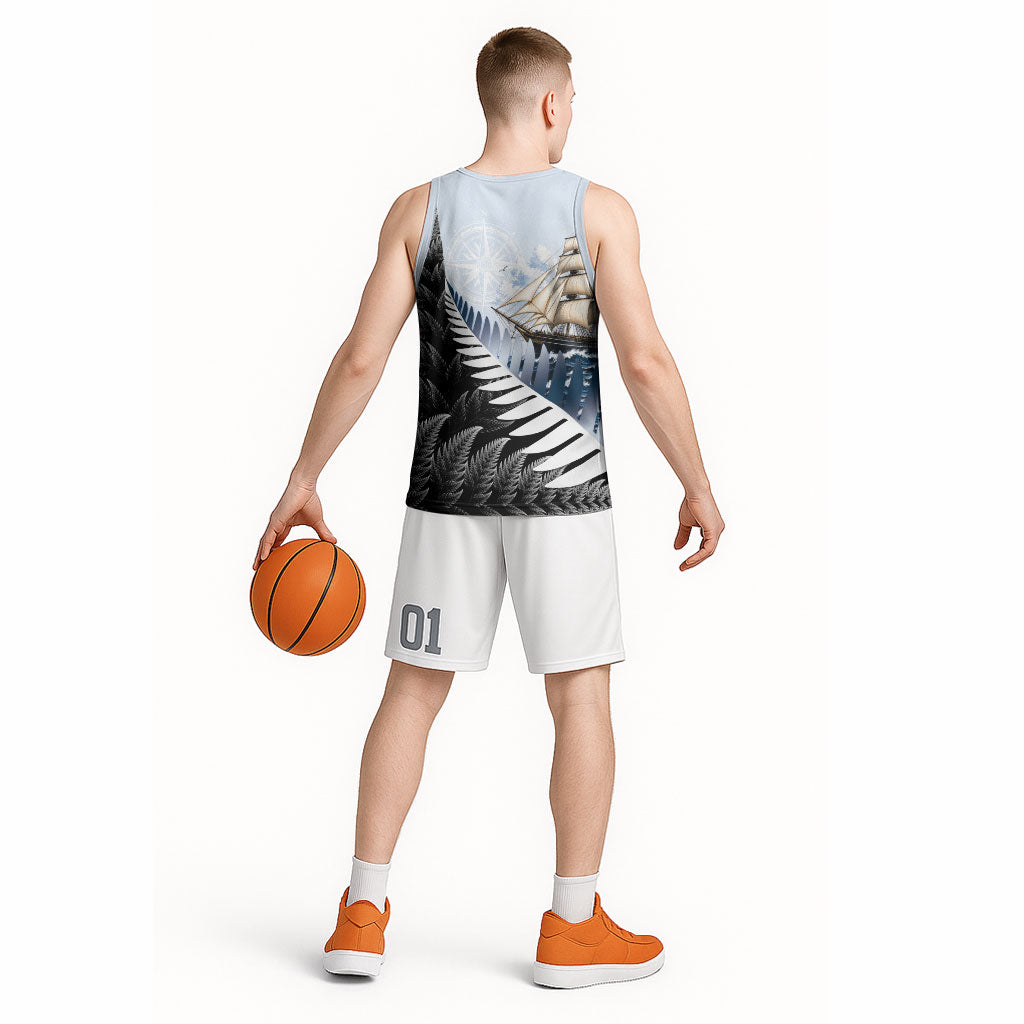 Personalised New Zealand Pakeha Basketball Jersey Kiwi Silver Fern and Sailing Ship Compass