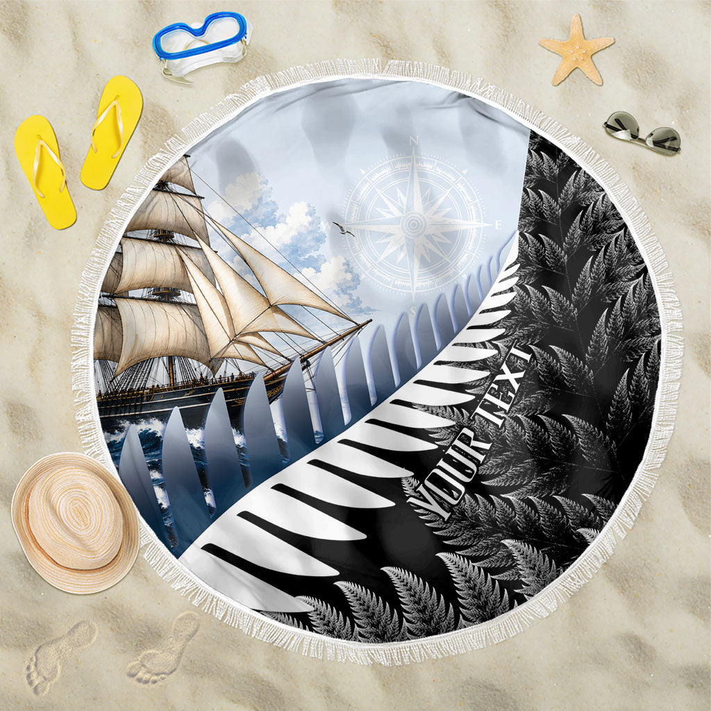 Personalised New Zealand Pakeha Beach Blanket Kiwi Silver Fern and Sailing Ship Compass