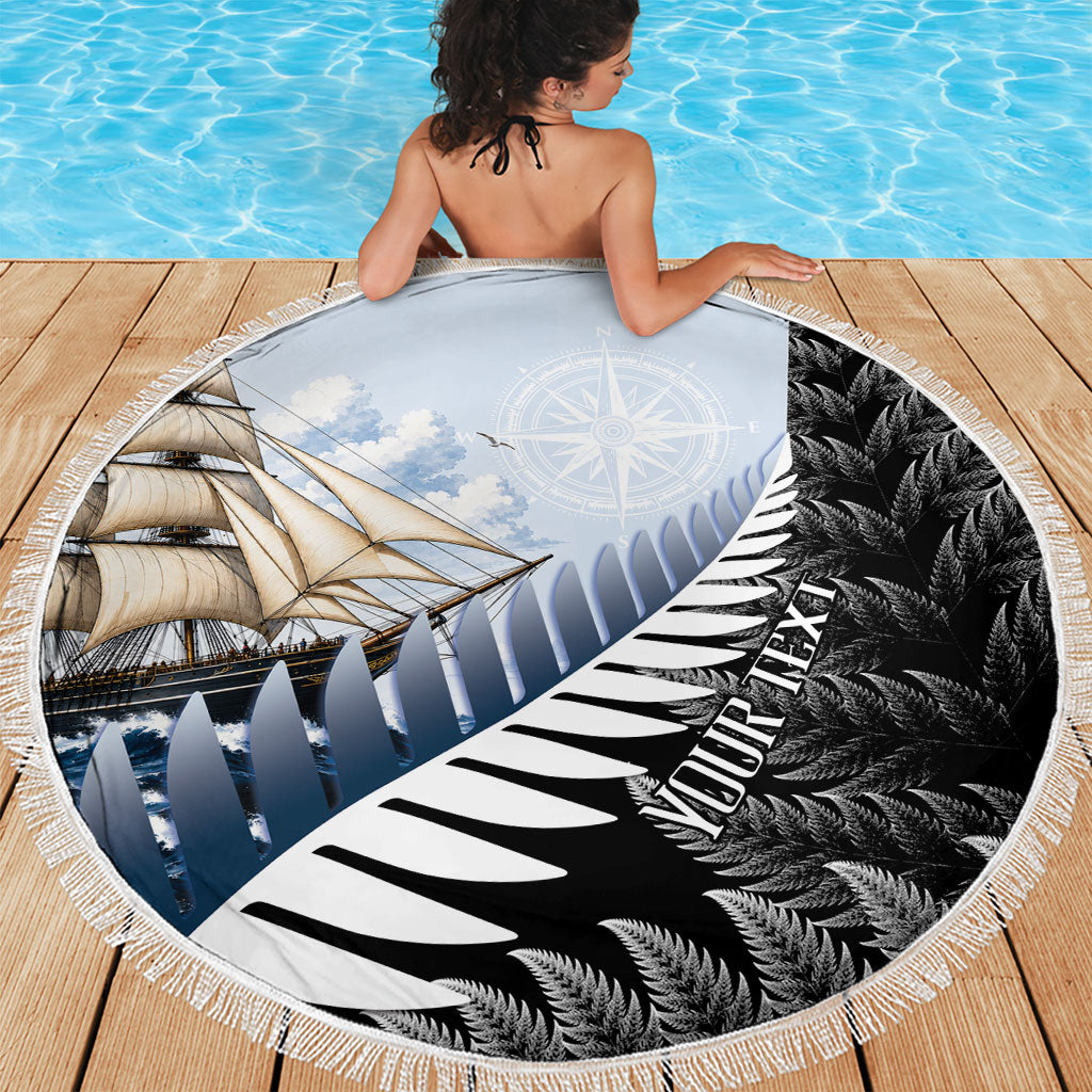 Personalised New Zealand Pakeha Beach Blanket Kiwi Silver Fern and Sailing Ship Compass