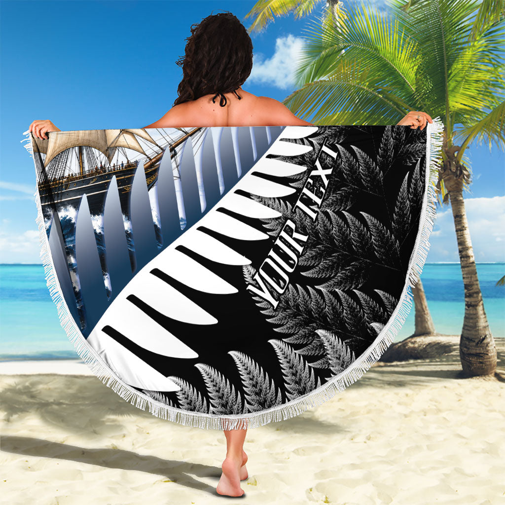 Personalised New Zealand Pakeha Beach Blanket Kiwi Silver Fern and Sailing Ship Compass