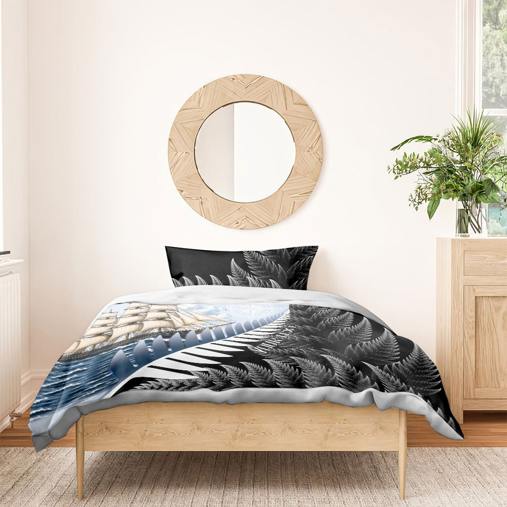 Personalised New Zealand Pakeha Bedding Set Kiwi Silver Fern and Sailing Ship Compass