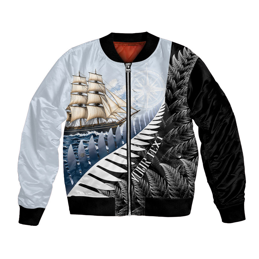 Personalised New Zealand Pakeha Bomber Jacket Kiwi Silver Fern and Sailing Ship Compass