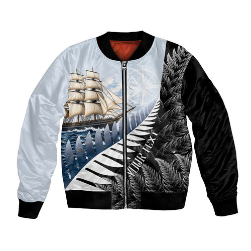 Personalised New Zealand Pakeha Bomber Jacket Kiwi Silver Fern and Sailing Ship Compass