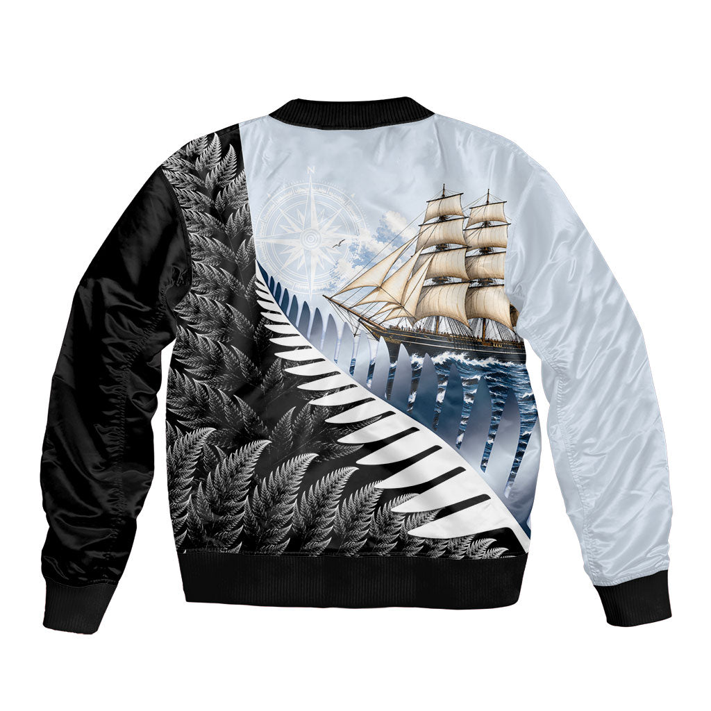 Personalised New Zealand Pakeha Bomber Jacket Kiwi Silver Fern and Sailing Ship Compass