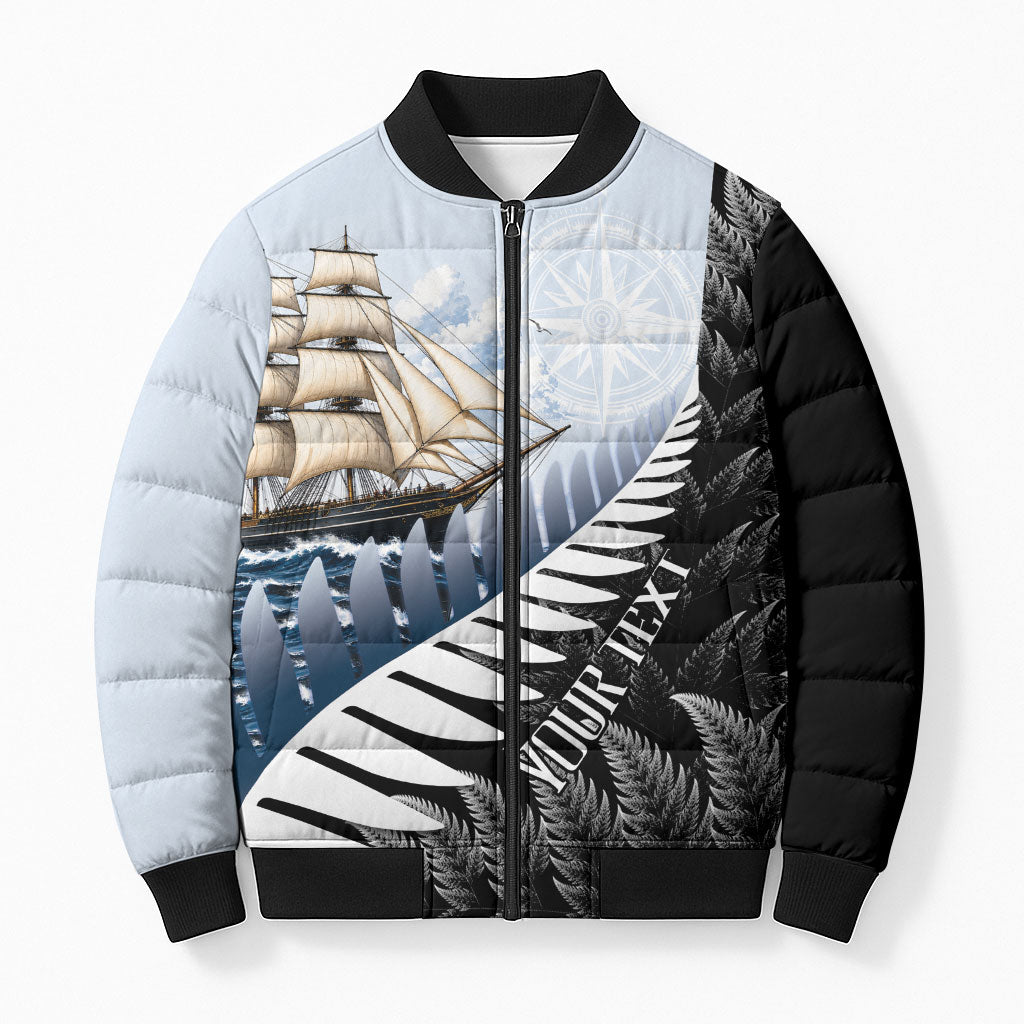 Personalised New Zealand Pakeha Bomber Puffer Jacket Kiwi Silver Fern and Sailing Ship Compass