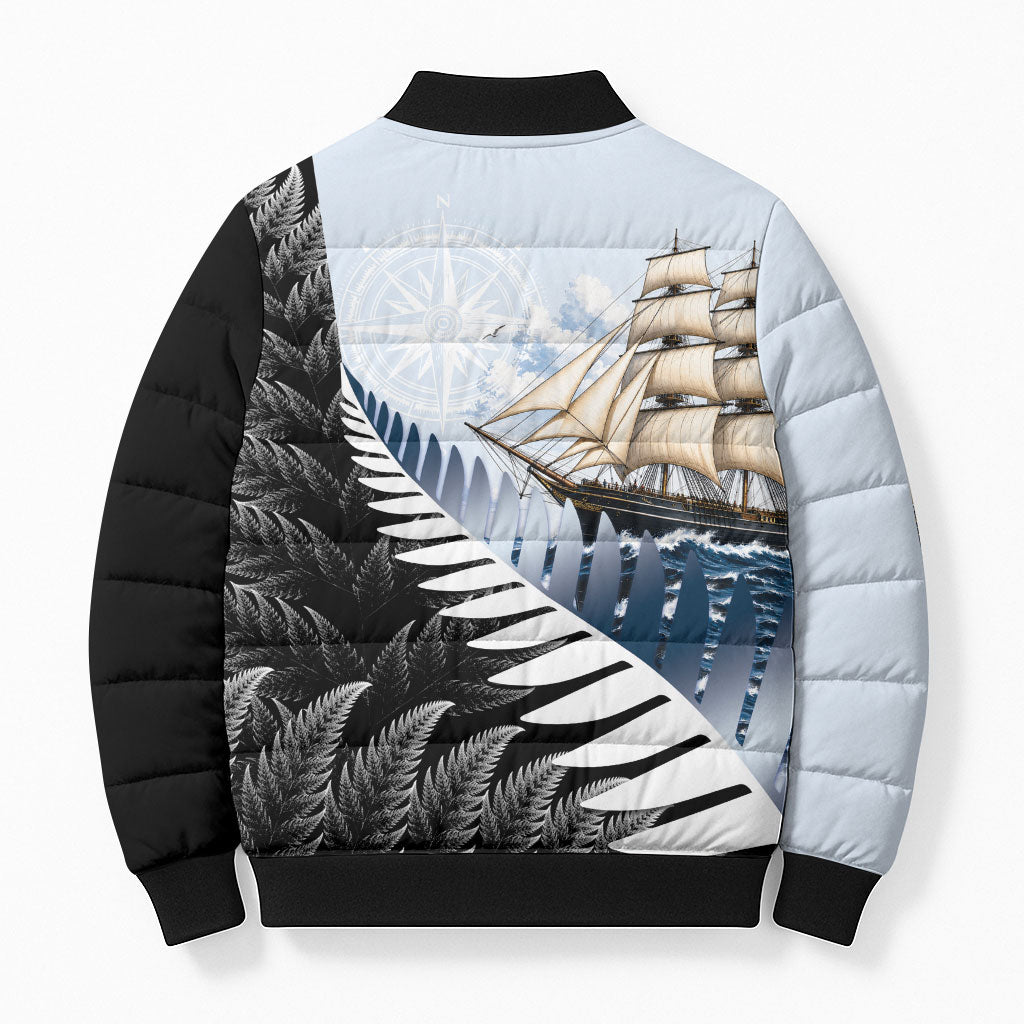 Personalised New Zealand Pakeha Bomber Puffer Jacket Kiwi Silver Fern and Sailing Ship Compass