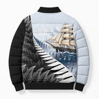 Personalised New Zealand Pakeha Bomber Puffer Jacket Kiwi Silver Fern and Sailing Ship Compass