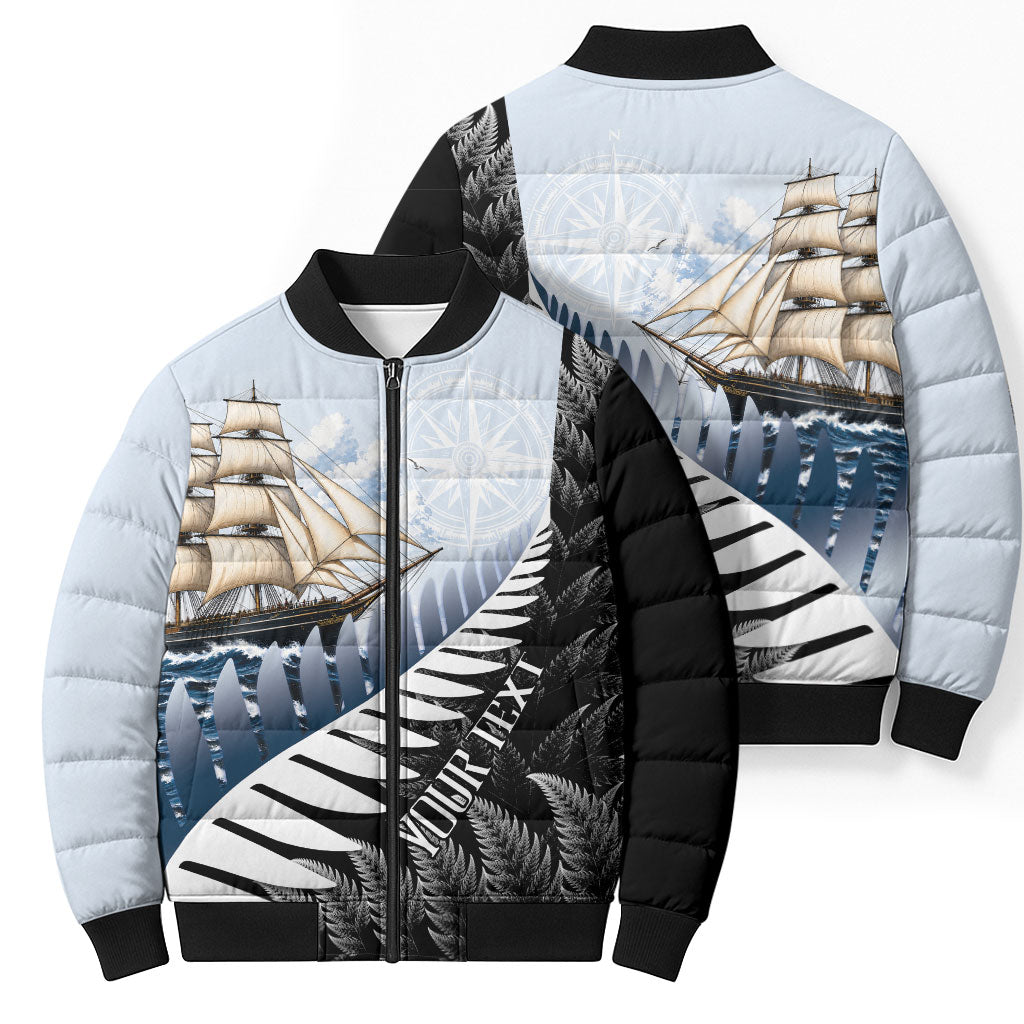 Personalised New Zealand Pakeha Bomber Puffer Jacket Kiwi Silver Fern and Sailing Ship Compass