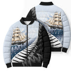 Personalised New Zealand Pakeha Bomber Puffer Jacket Kiwi Silver Fern and Sailing Ship Compass