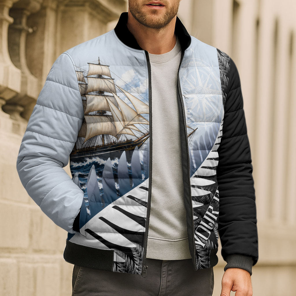 Personalised New Zealand Pakeha Bomber Puffer Jacket Kiwi Silver Fern and Sailing Ship Compass