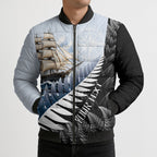 Personalised New Zealand Pakeha Bomber Puffer Jacket Kiwi Silver Fern and Sailing Ship Compass