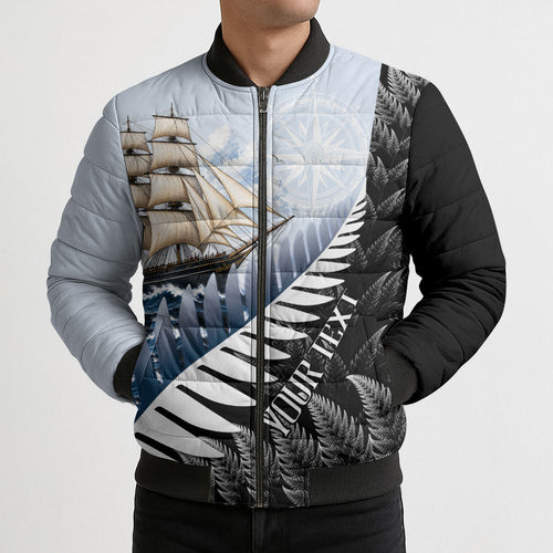 Personalised New Zealand Pakeha Bomber Puffer Jacket Kiwi Silver Fern and Sailing Ship Compass