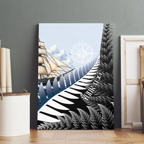 Personalised New Zealand Pakeha Canvas Wall Art Kiwi Silver Fern and Sailing Ship Compass
