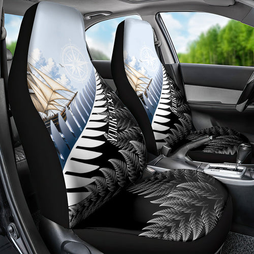 Personalised New Zealand Pakeha Car Seat Cover Kiwi Silver Fern and Sailing Ship Compass