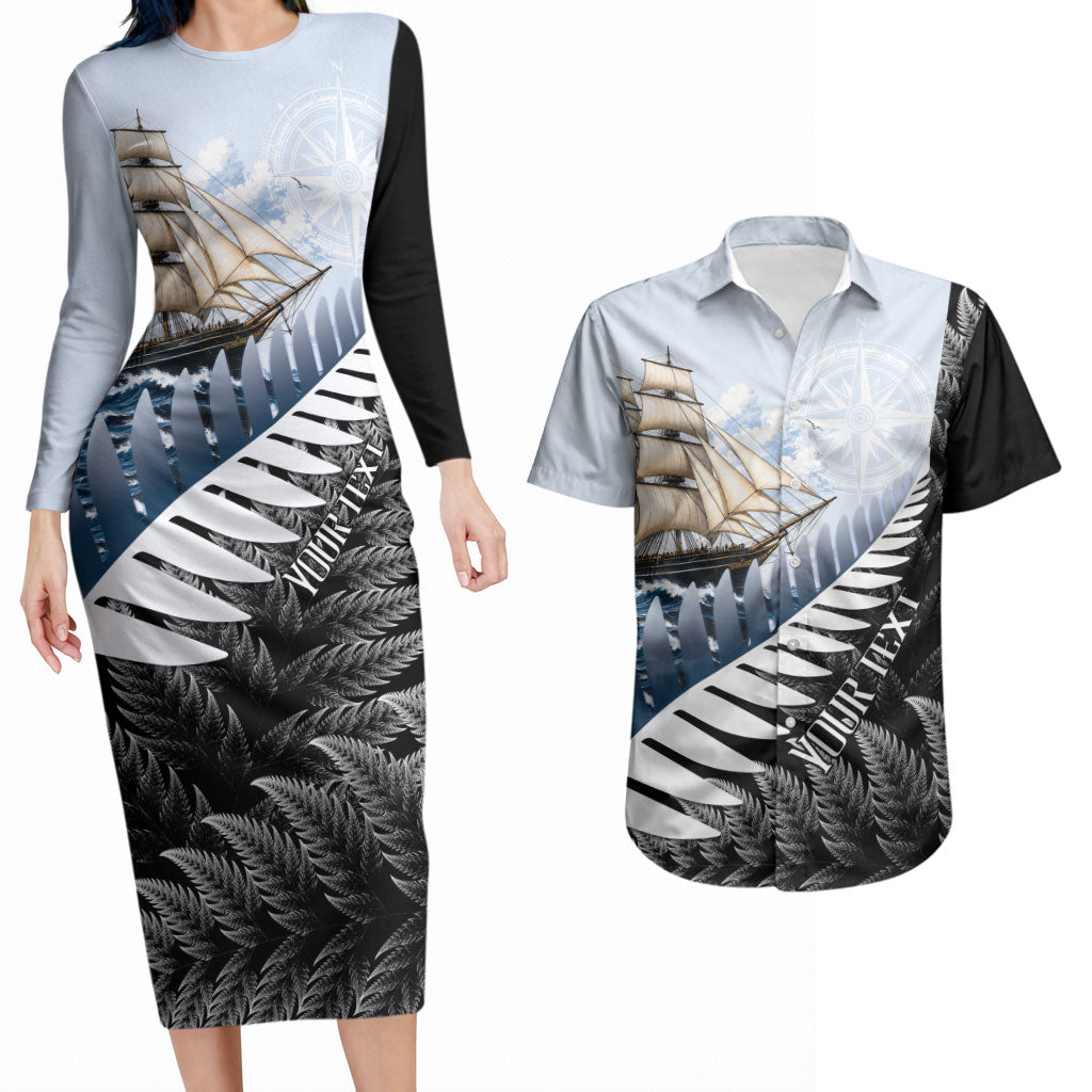 Personalised New Zealand Pakeha Couples Matching Long Sleeve Bodycon Dress and Hawaiian Shirt Kiwi Silver Fern and Sailing Ship Compass