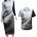 Personalised New Zealand Pakeha Couples Matching Long Sleeve Bodycon Dress and Hawaiian Shirt Kiwi Silver Fern and Sailing Ship Compass