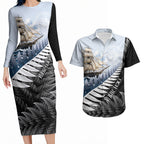 Personalised New Zealand Pakeha Couples Matching Long Sleeve Bodycon Dress and Hawaiian Shirt Kiwi Silver Fern and Sailing Ship Compass
