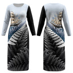 Personalised New Zealand Pakeha Couples Matching Long Sleeve Bodycon Dress and Hawaiian Shirt Kiwi Silver Fern and Sailing Ship Compass