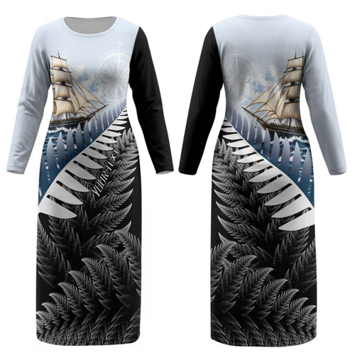 Personalised New Zealand Pakeha Couples Matching Long Sleeve Bodycon Dress and Hawaiian Shirt Kiwi Silver Fern and Sailing Ship Compass