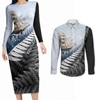 Personalised New Zealand Pakeha Couples Matching Long Sleeve Bodycon Dress and Long Sleeve Button Shirt Kiwi Silver Fern and Sailing Ship Compass