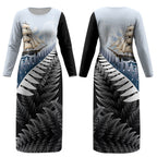Personalised New Zealand Pakeha Couples Matching Long Sleeve Bodycon Dress and Long Sleeve Button Shirt Kiwi Silver Fern and Sailing Ship Compass