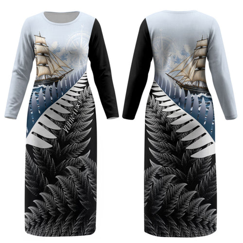 Personalised New Zealand Pakeha Couples Matching Long Sleeve Bodycon Dress and Long Sleeve Button Shirt Kiwi Silver Fern and Sailing Ship Compass