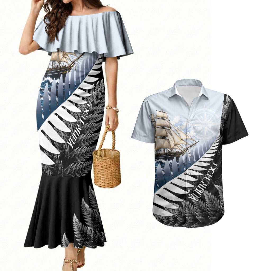 Personalised New Zealand Pakeha Couples Matching Mermaid Dress and Hawaiian Shirt Kiwi Silver Fern and Sailing Ship Compass