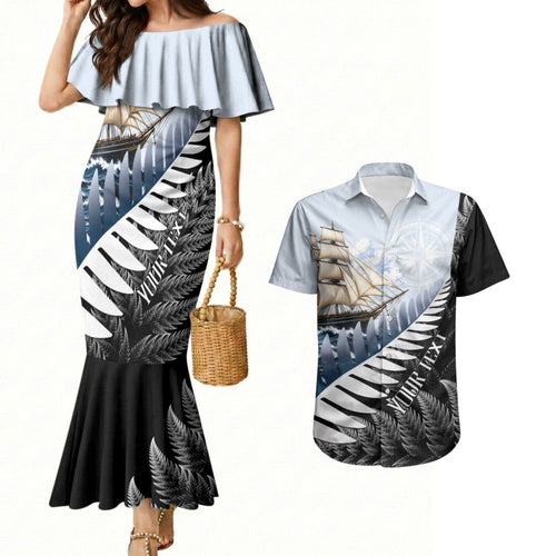 Personalised New Zealand Pakeha Couples Matching Mermaid Dress and Hawaiian Shirt Kiwi Silver Fern and Sailing Ship Compass