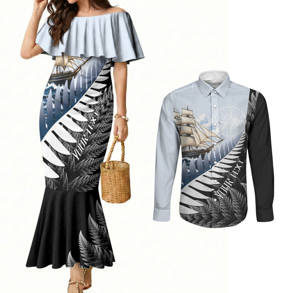 Personalised New Zealand Pakeha Couples Matching Mermaid Dress and Long Sleeve Button Shirt Kiwi Silver Fern and Sailing Ship Compass