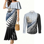 Personalised New Zealand Pakeha Couples Matching Mermaid Dress and Long Sleeve Button Shirt Kiwi Silver Fern and Sailing Ship Compass