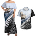 Personalised New Zealand Pakeha Couples Matching Off Shoulder Maxi Dress and Hawaiian Shirt Kiwi Silver Fern and Sailing Ship Compass