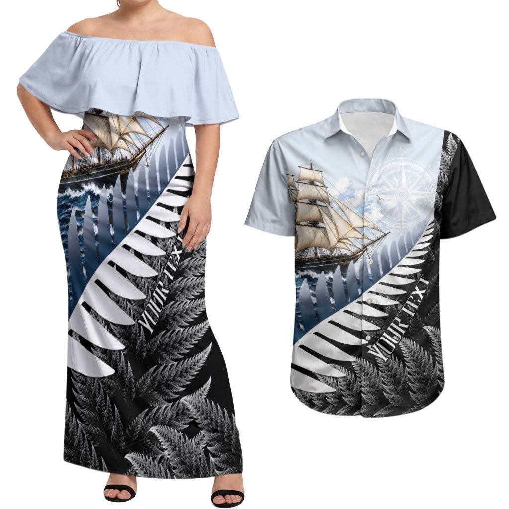Personalised New Zealand Pakeha Couples Matching Off Shoulder Maxi Dress and Hawaiian Shirt Kiwi Silver Fern and Sailing Ship Compass