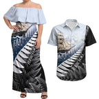Personalised New Zealand Pakeha Couples Matching Off Shoulder Maxi Dress and Hawaiian Shirt Kiwi Silver Fern and Sailing Ship Compass