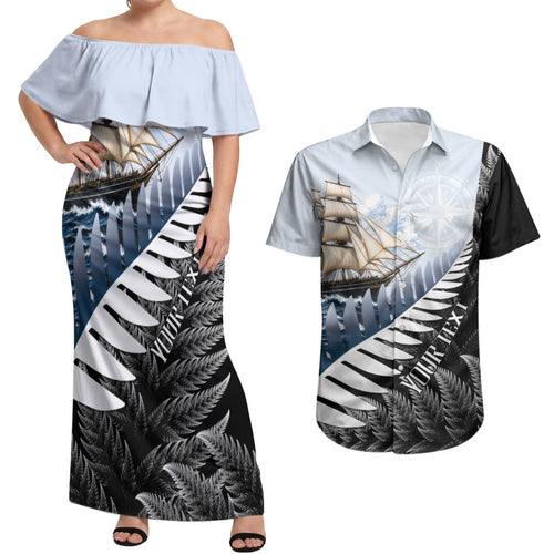 Personalised New Zealand Pakeha Couples Matching Off Shoulder Maxi Dress and Hawaiian Shirt Kiwi Silver Fern and Sailing Ship Compass