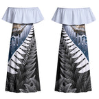 Personalised New Zealand Pakeha Couples Matching Off Shoulder Maxi Dress and Hawaiian Shirt Kiwi Silver Fern and Sailing Ship Compass
