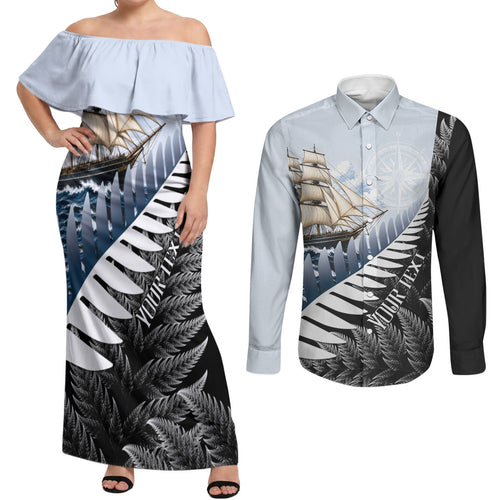 Personalised New Zealand Pakeha Couples Matching Off Shoulder Maxi Dress and Long Sleeve Button Shirt Kiwi Silver Fern and Sailing Ship Compass