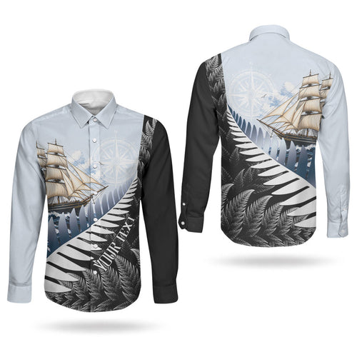 Personalised New Zealand Pakeha Couples Matching Off Shoulder Maxi Dress and Long Sleeve Button Shirt Kiwi Silver Fern and Sailing Ship Compass
