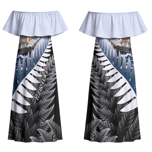 Personalised New Zealand Pakeha Couples Matching Off Shoulder Maxi Dress and Long Sleeve Button Shirt Kiwi Silver Fern and Sailing Ship Compass