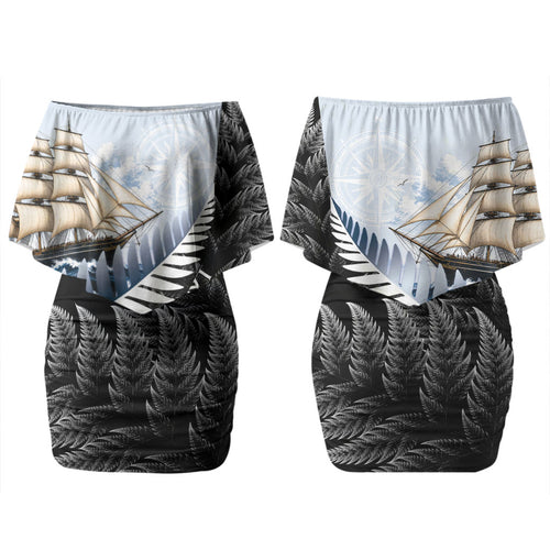 Personalised New Zealand Pakeha Couples Matching Off Shoulder Short Dress and Hawaiian Shirt Kiwi Silver Fern and Sailing Ship Compass
