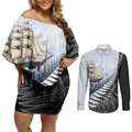 Personalised New Zealand Pakeha Couples Matching Off Shoulder Short Dress and Long Sleeve Button Shirt Kiwi Silver Fern and Sailing Ship Compass